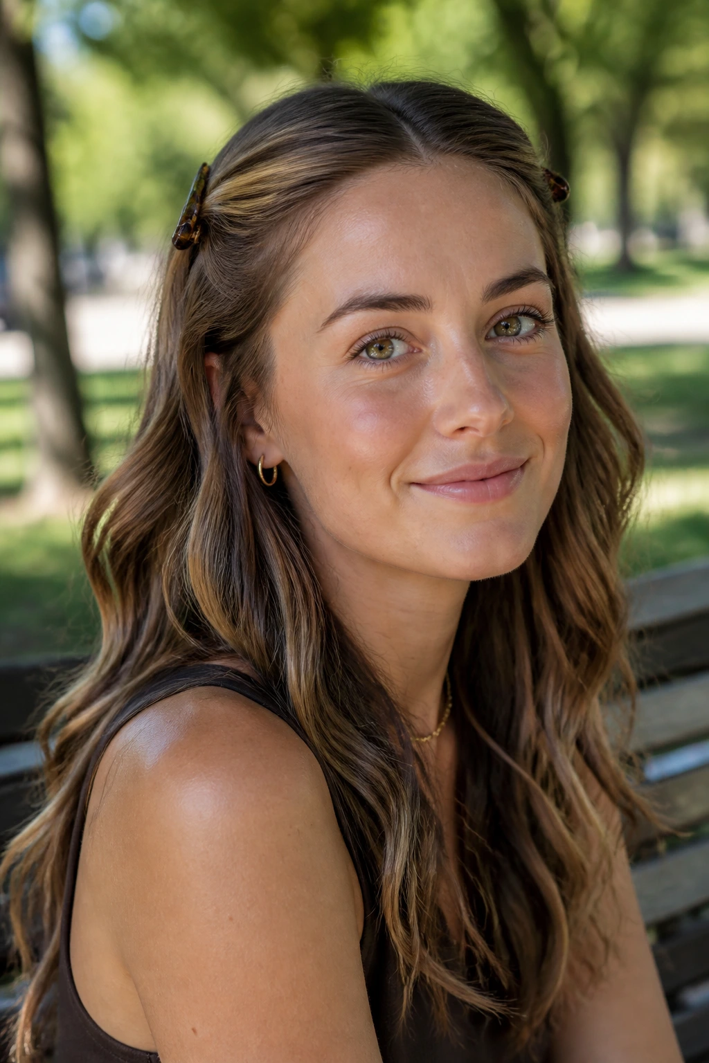Close-up of a woman with waves pinned back by small clips