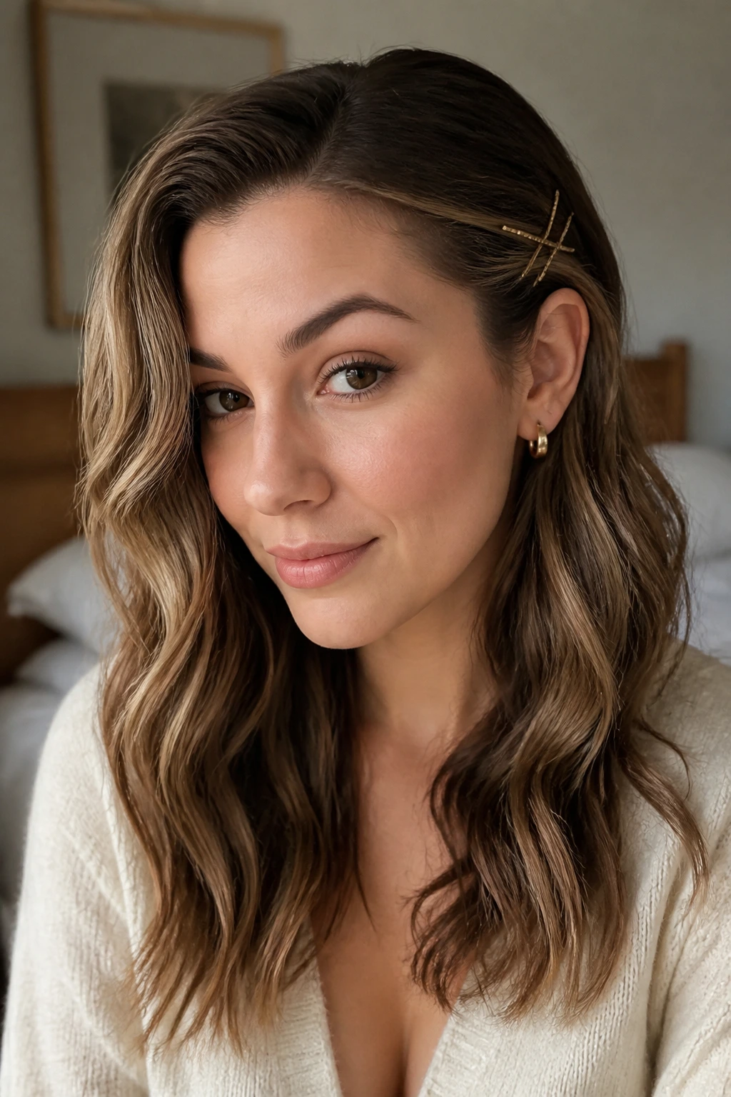 Close-up of a real woman with pinned-back waves and visible lowlights in a softly lit bedroom.