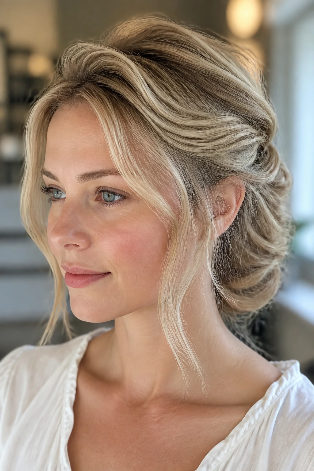 Close-up of pinned-back waves with soft nape on a real person; front sections pinned behind ears.