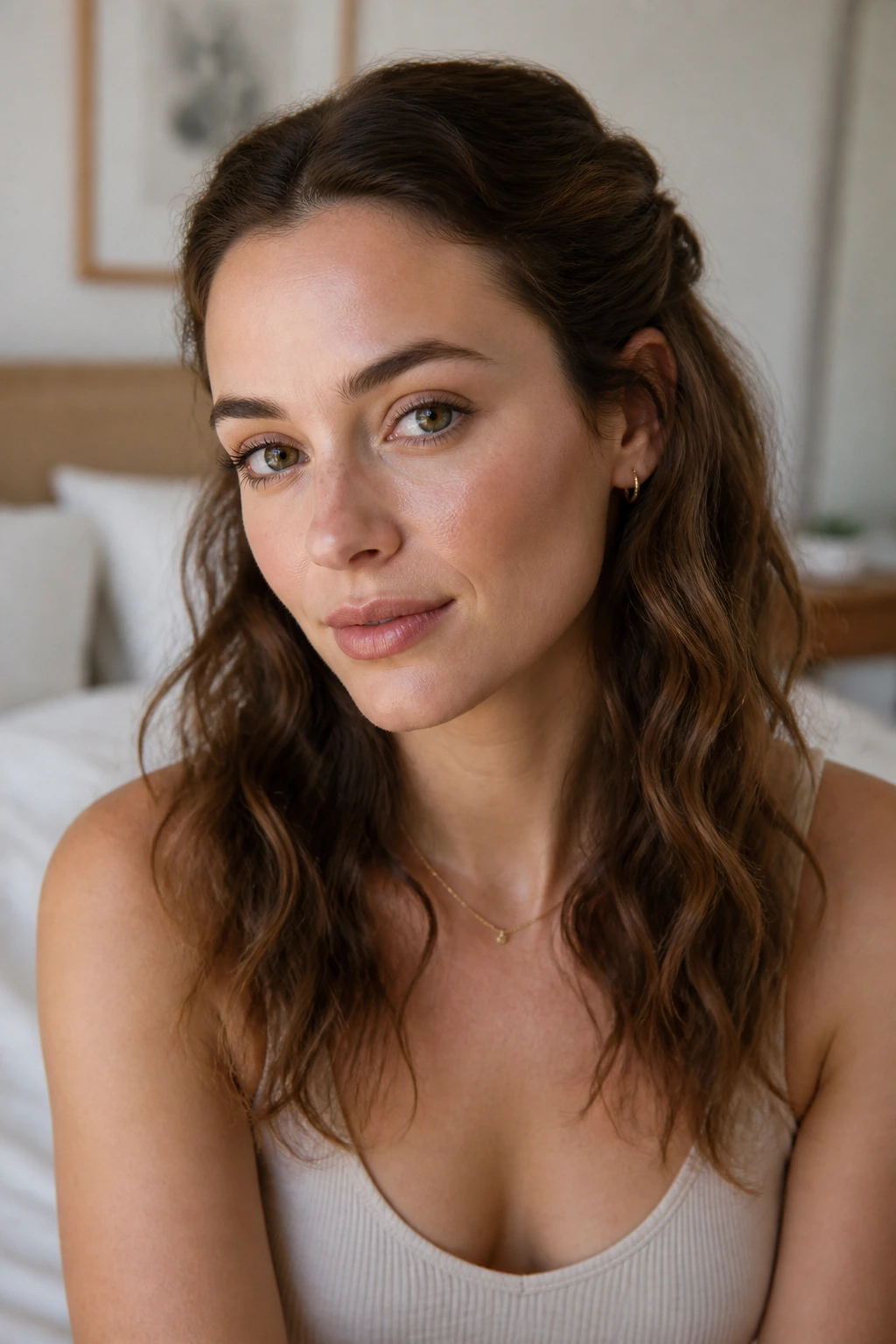 Close-up of a real woman with pinned-back temple waves in a softly lit bedroom.
