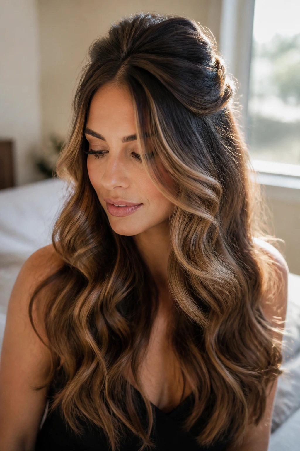 Close-up of a real woman with pinned crown and cascading mermaid waves showing caramel highlights