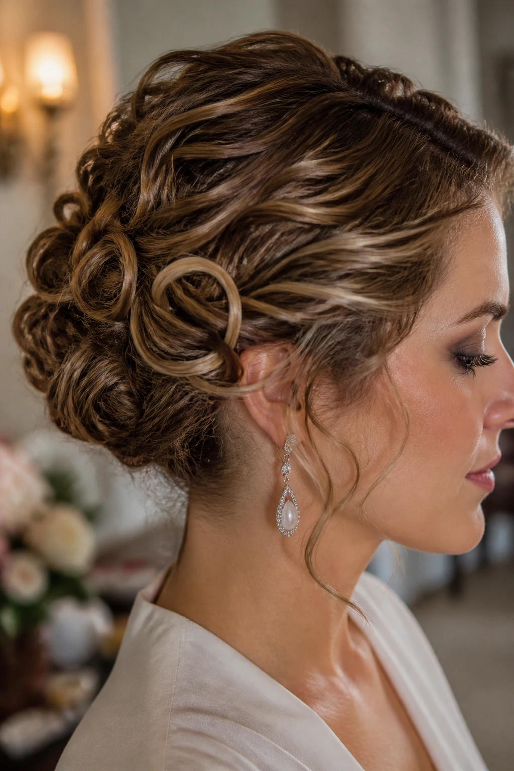 Close-up of pinned curl chignon on a real woman's hair