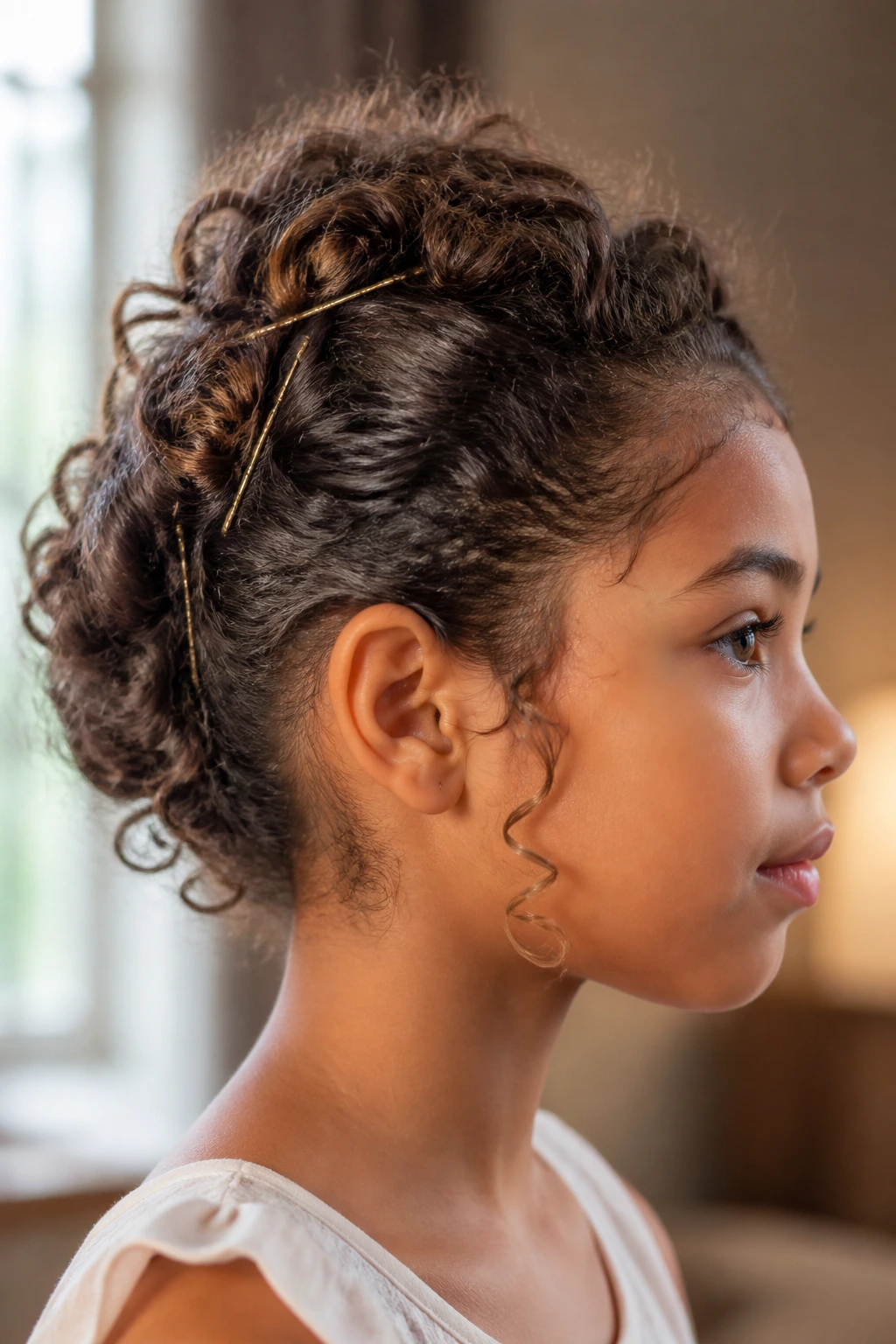 Profile view of a girl with pinned-back curly hairstyle showing defined curls and pins.