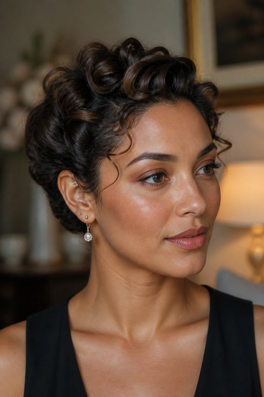 Close-up of a real woman with pinned curly roll-updo on short hair