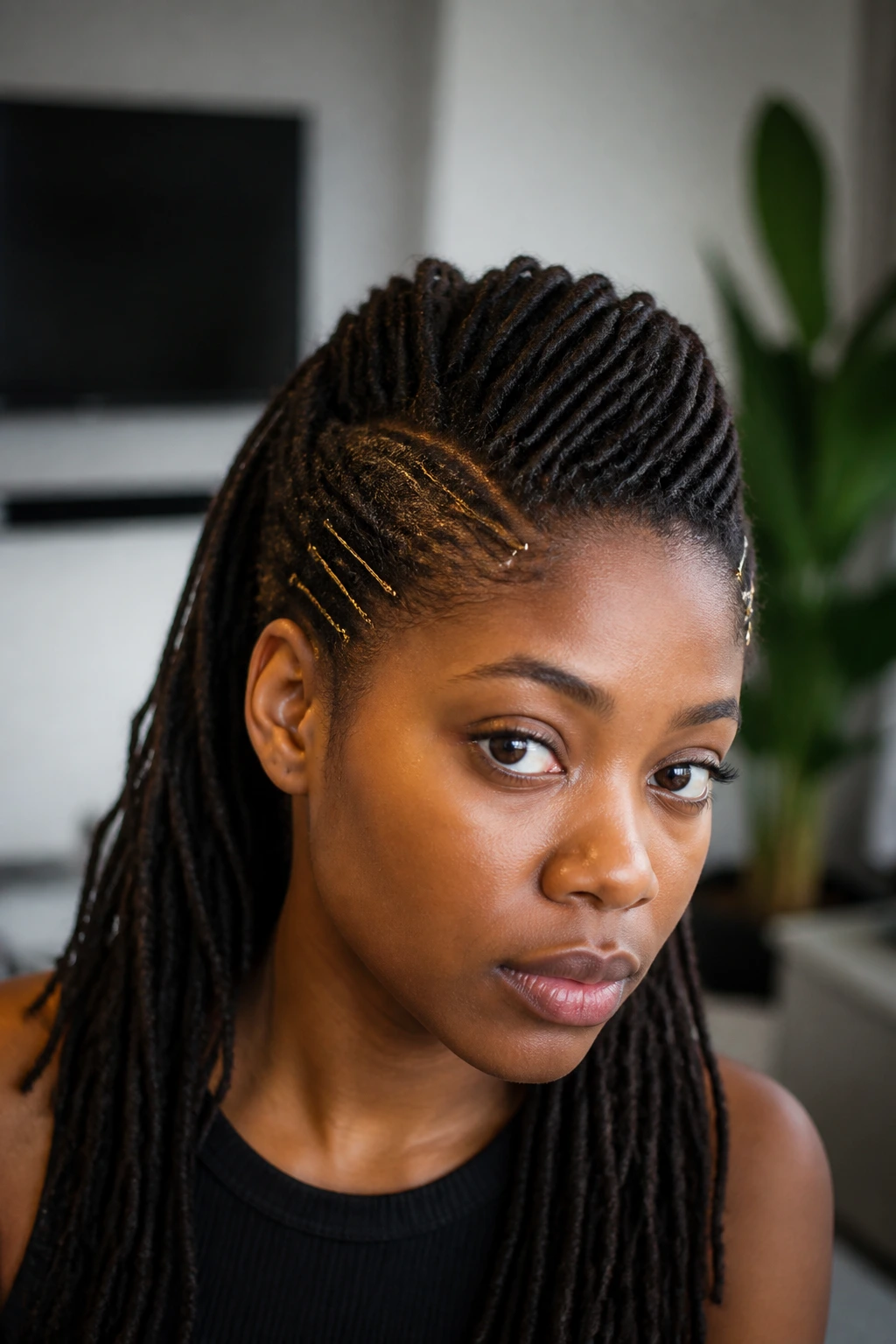 Portrait of a person with pinned faux hawk showing center ridge and pinned sides.