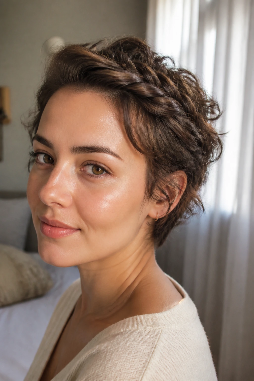 Close-up of pinned halo twist with halo of twists around crown