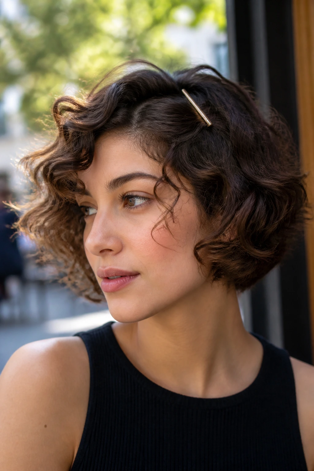 Close-up of hair with a slim clip at the crown