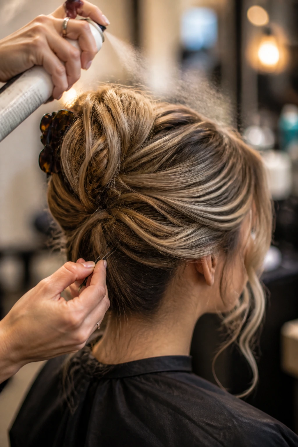 Close-up of a real woman's head in a salon chair showing bobby pins and a claw clip securing an updo with texture spray