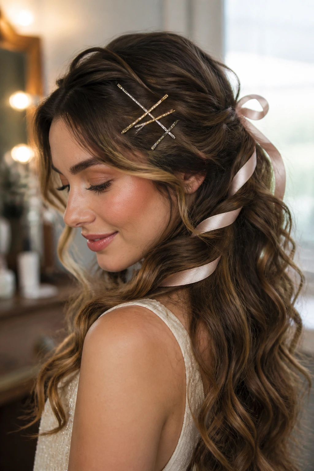 Close-up of a woman with pins and ribbon in long curls at vanity