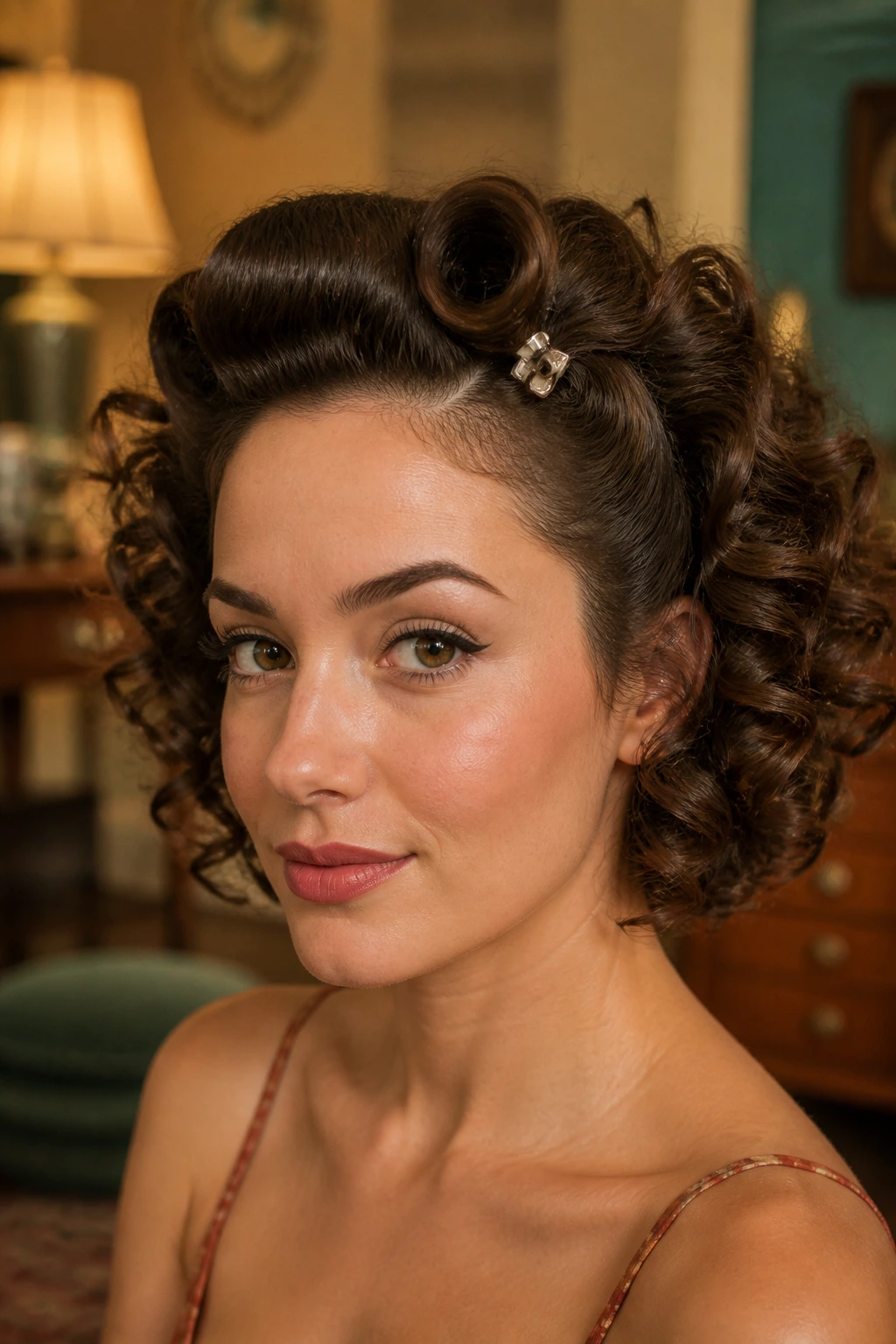 Portrait of a woman with retro pin-up curls pinned at the front.