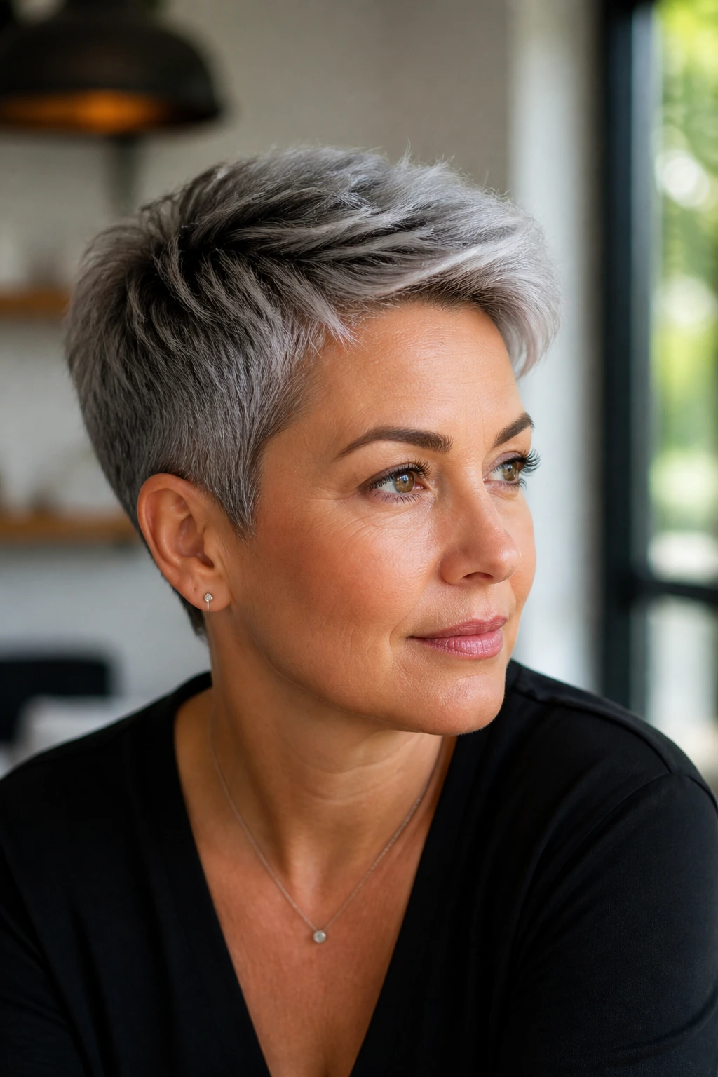 Portrait of a person with a sculpted pixie look demonstrating adaptable shape.