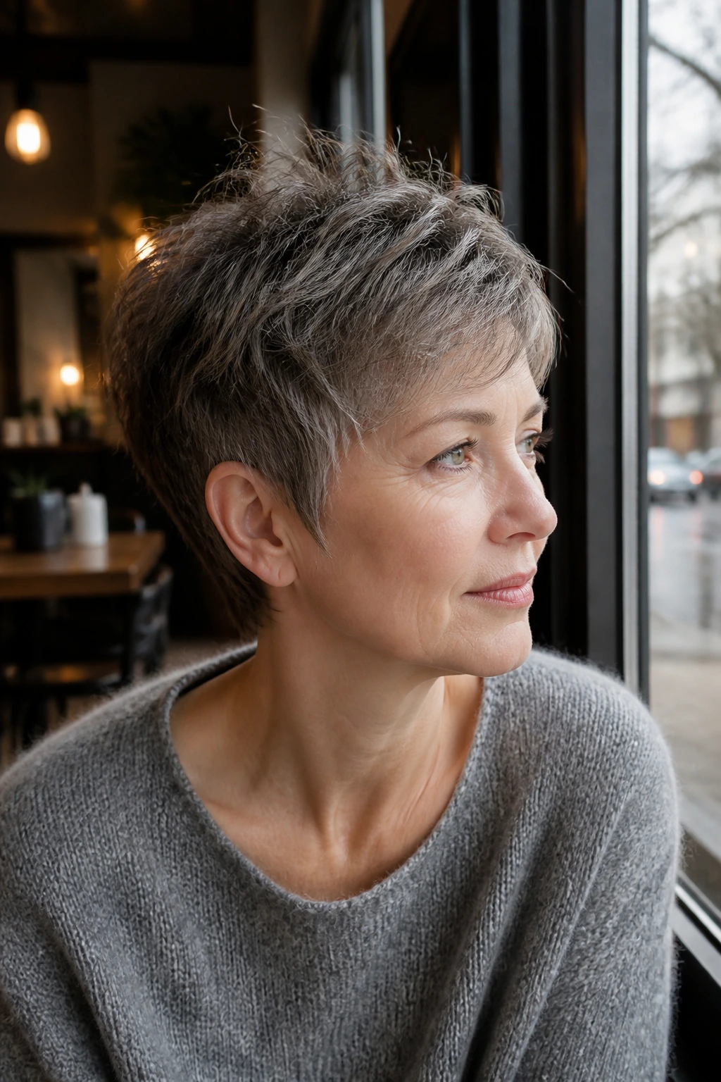 Feathered pixie with ash-brown streaks on a real person.
