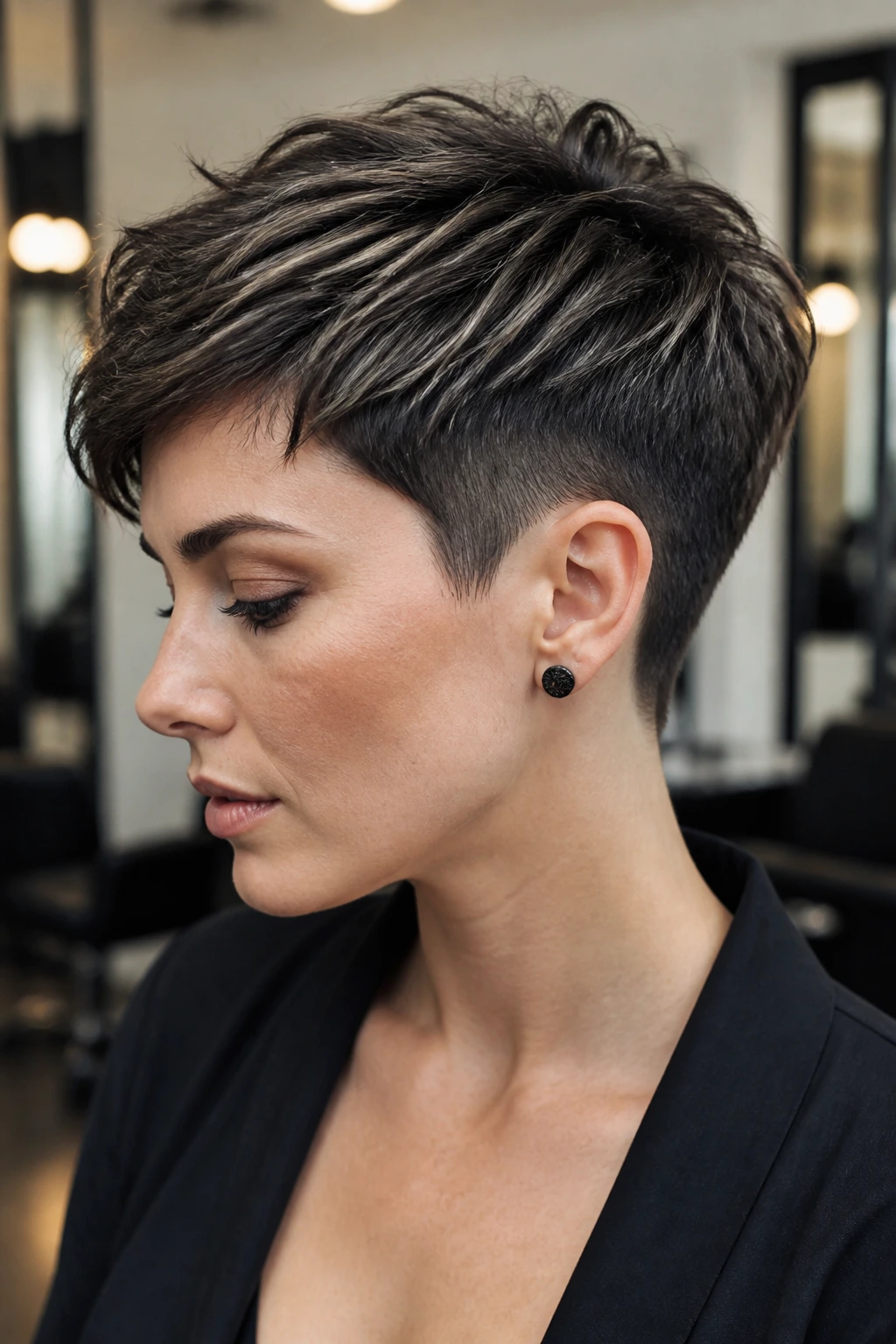 Portrait of a real person with an ash espresso tapered pixie hairstyle