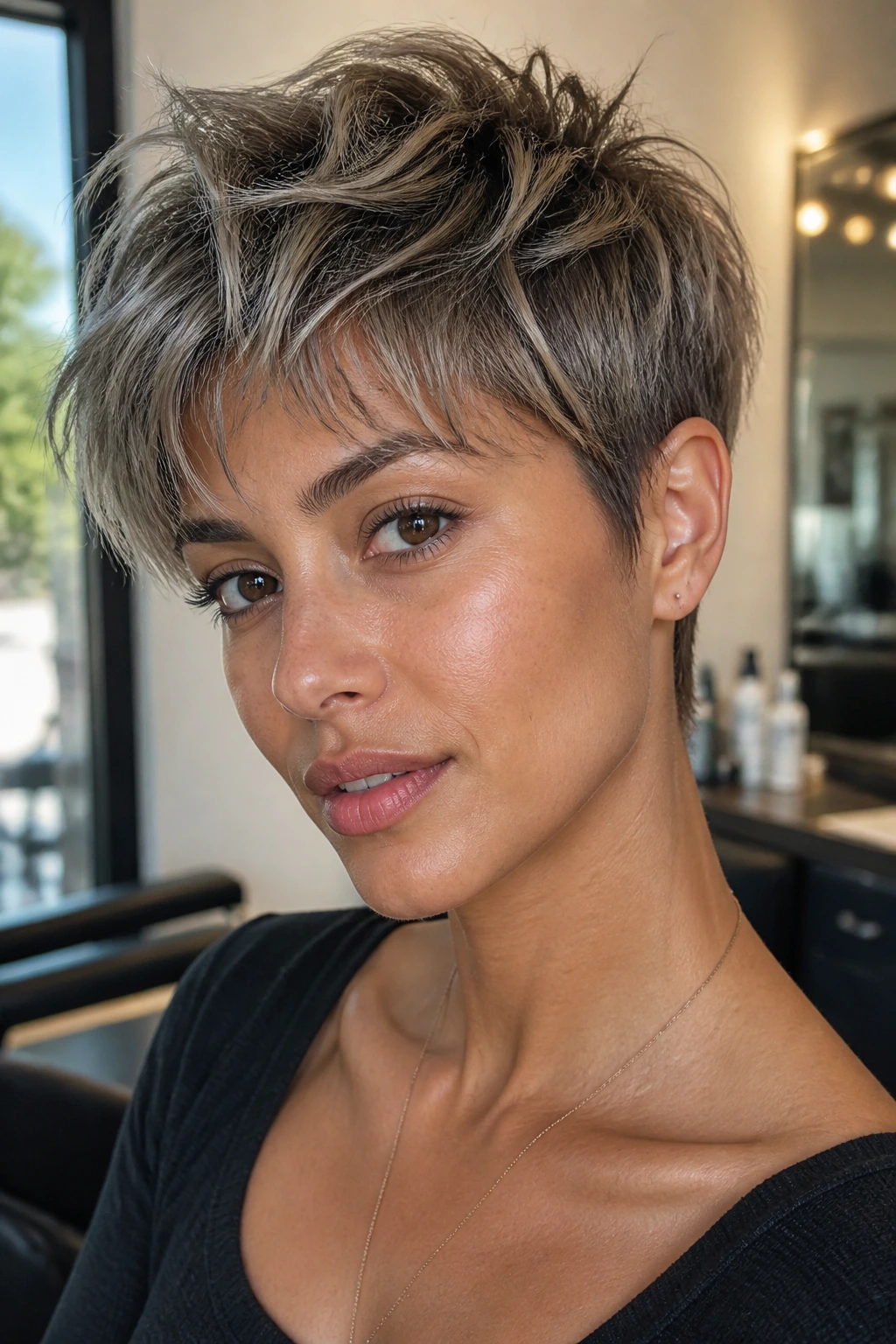 Close-up of a real woman with a choppy pixie and smoky ash highlights on olive skin