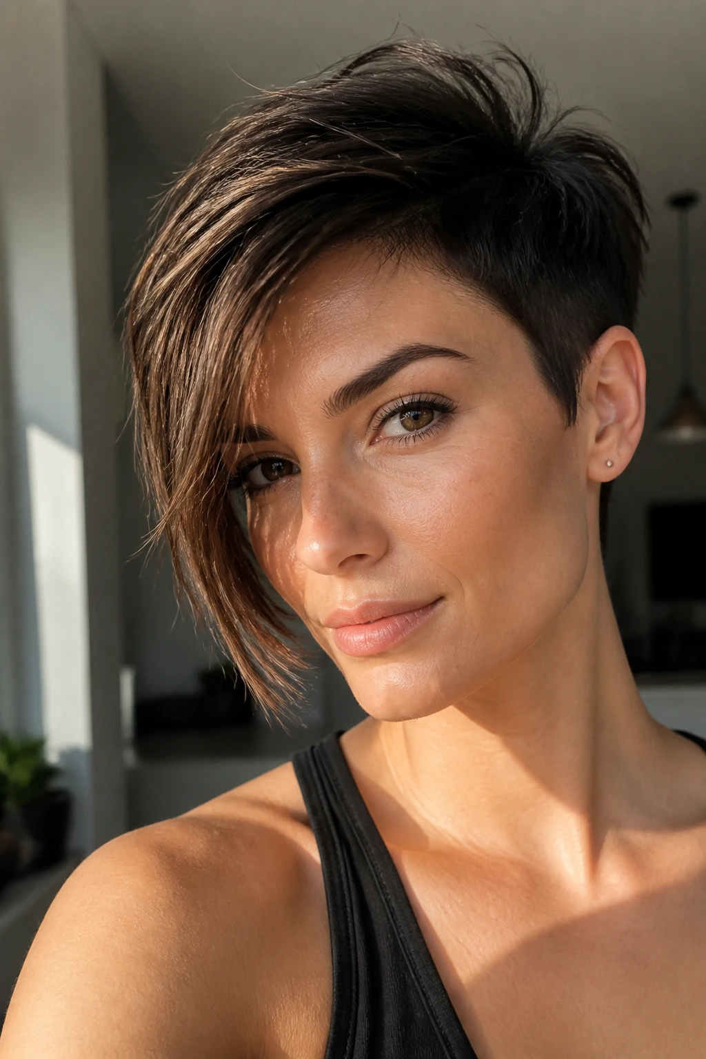 Portrait of a real woman with an asymmetrical long pixie hairstyle