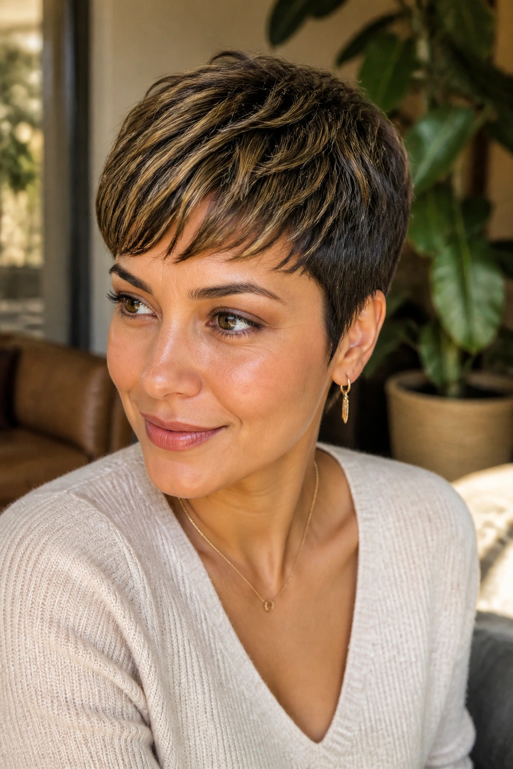Close-up portrait of a woman with a pixie cut and micro babylights on olive skin