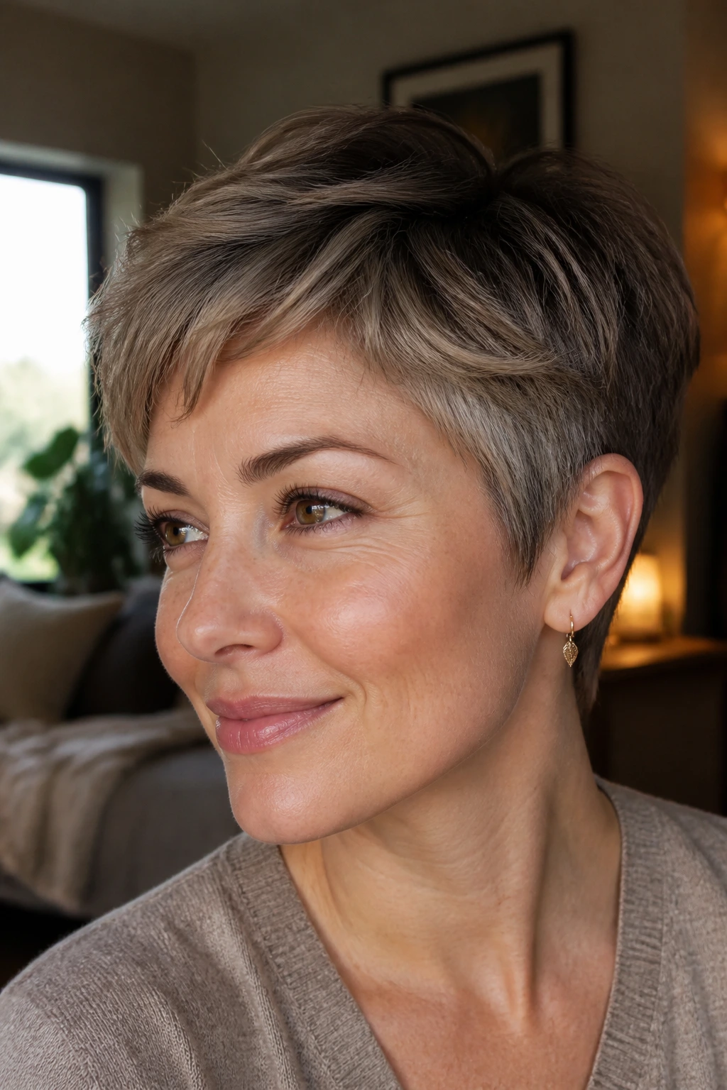 Close-up portrait of a real person with creamy mushroom pixie and temple babylights