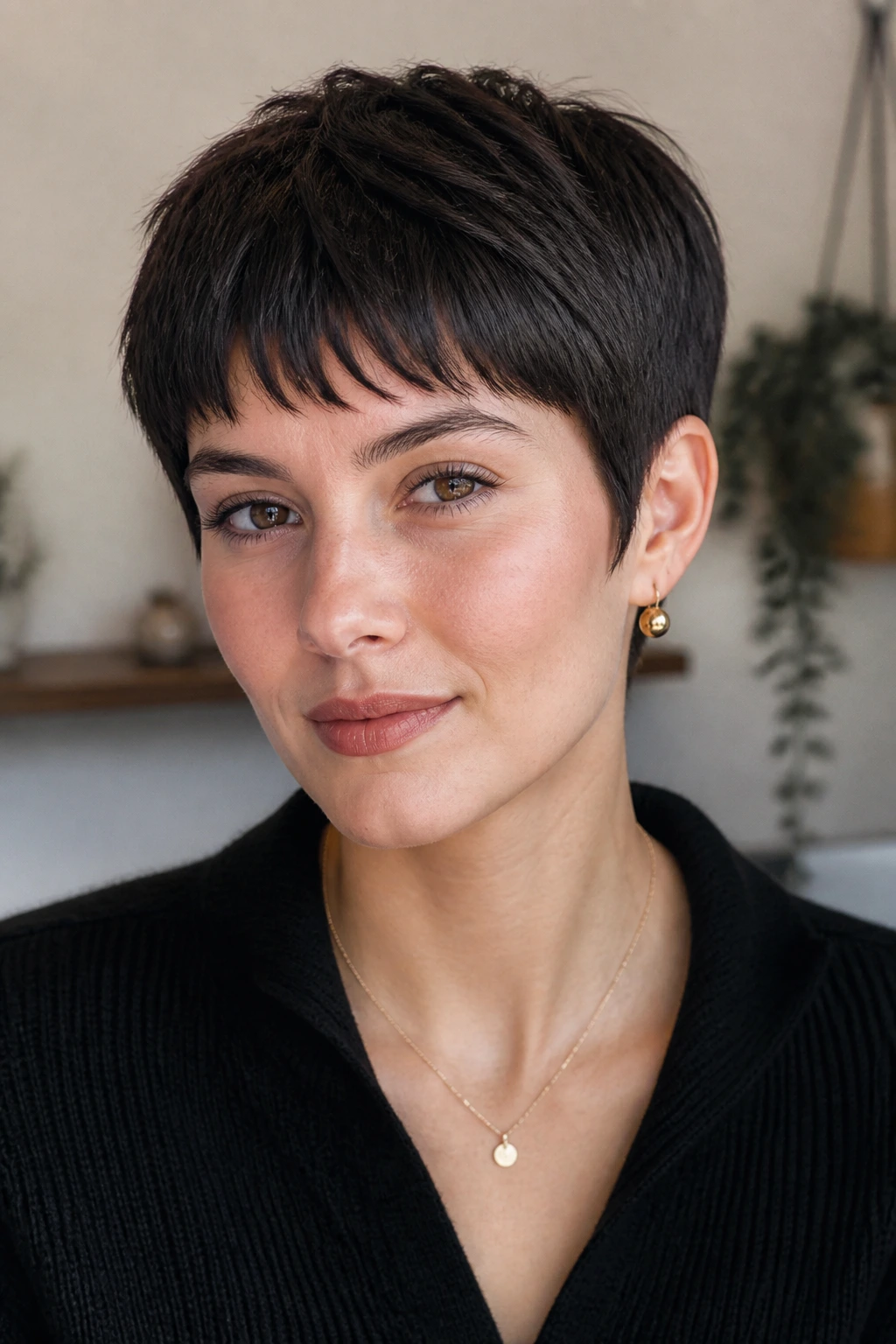 Portrait of a person with pixie bangs and tapered sides.