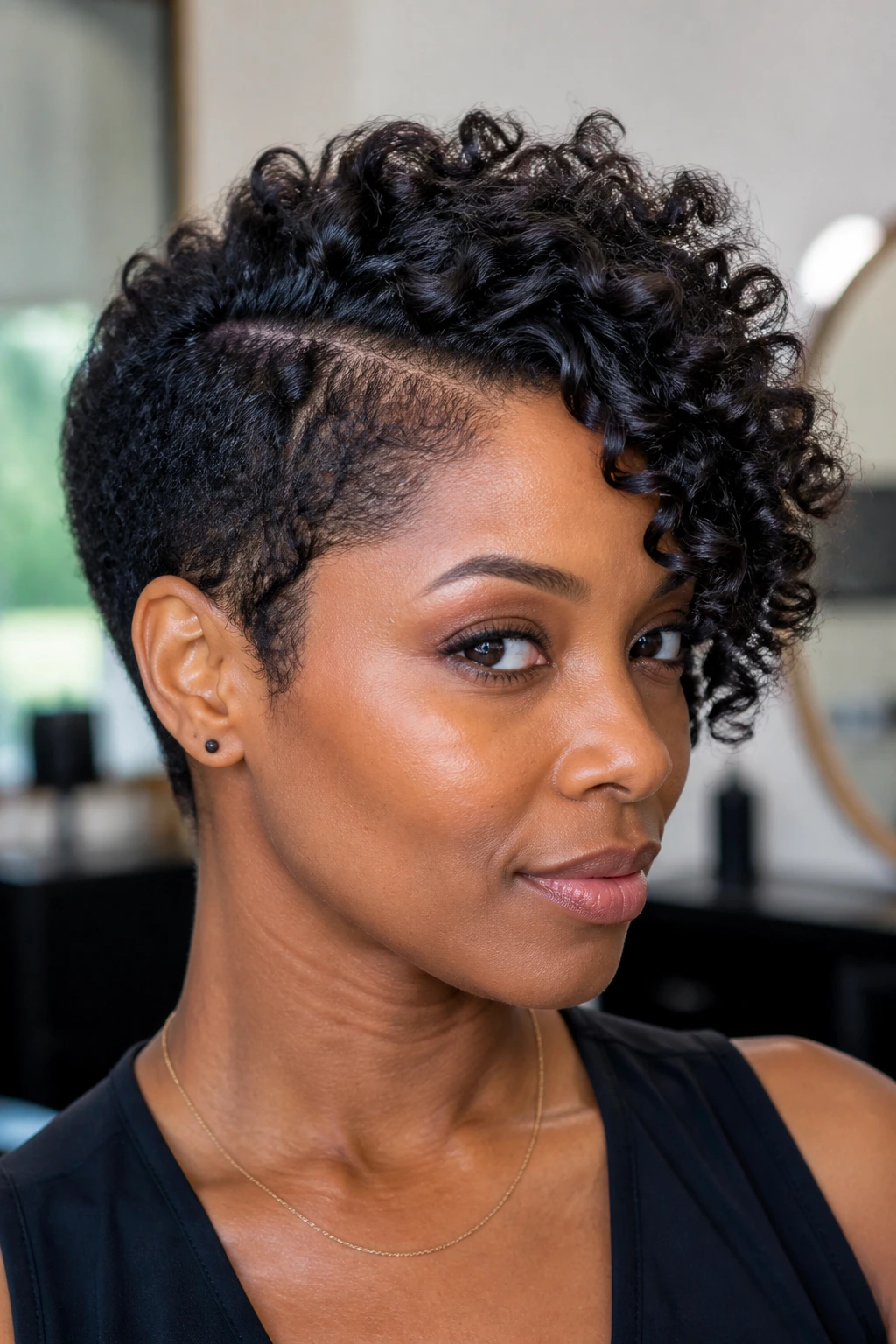 Close-up portrait of a woman with a side-swept tapered pixie on Black hair