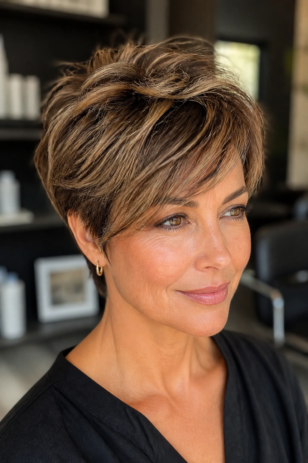 Close-up portrait of a real woman with a choppy pixie bob featuring a piecey crown and babylights