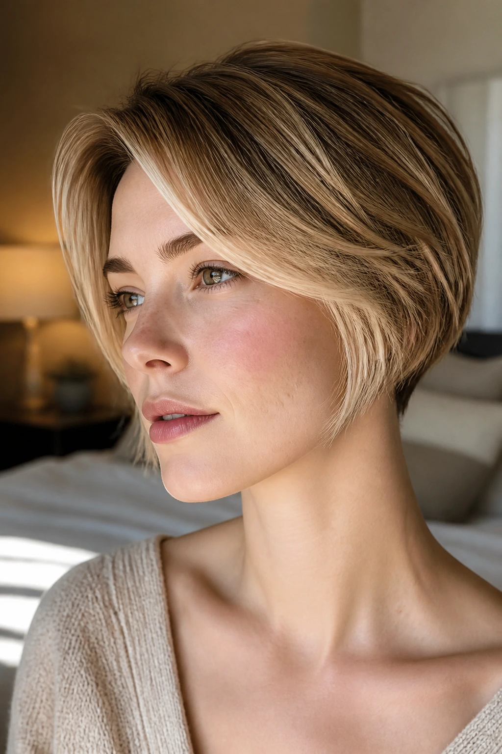 Close-up portrait of a real woman with a pixie bob featuring golden edge balayage on pale skin