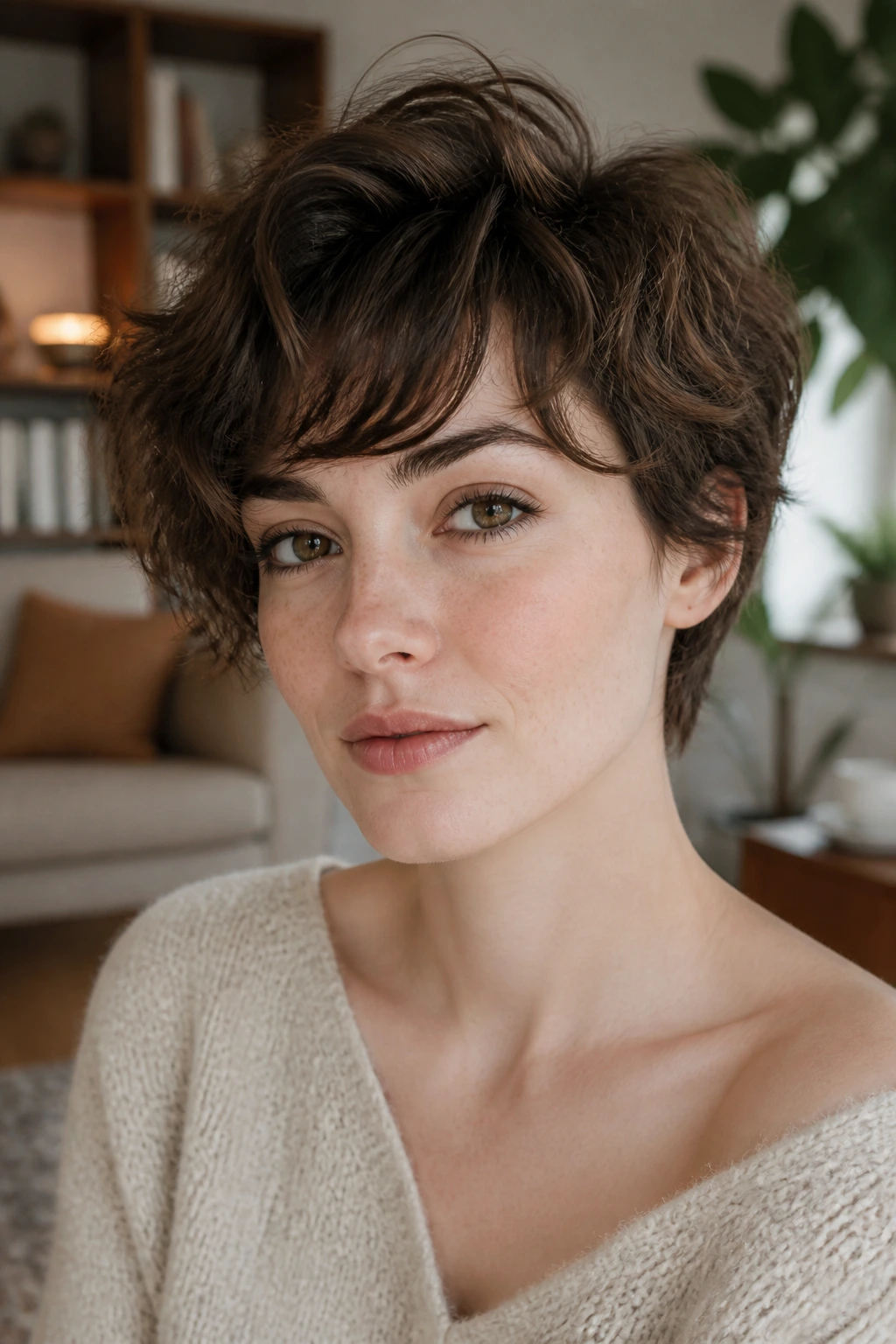 Close-up portrait of a real woman with a warm-brunette tousled pixie-bob hairstyle.
