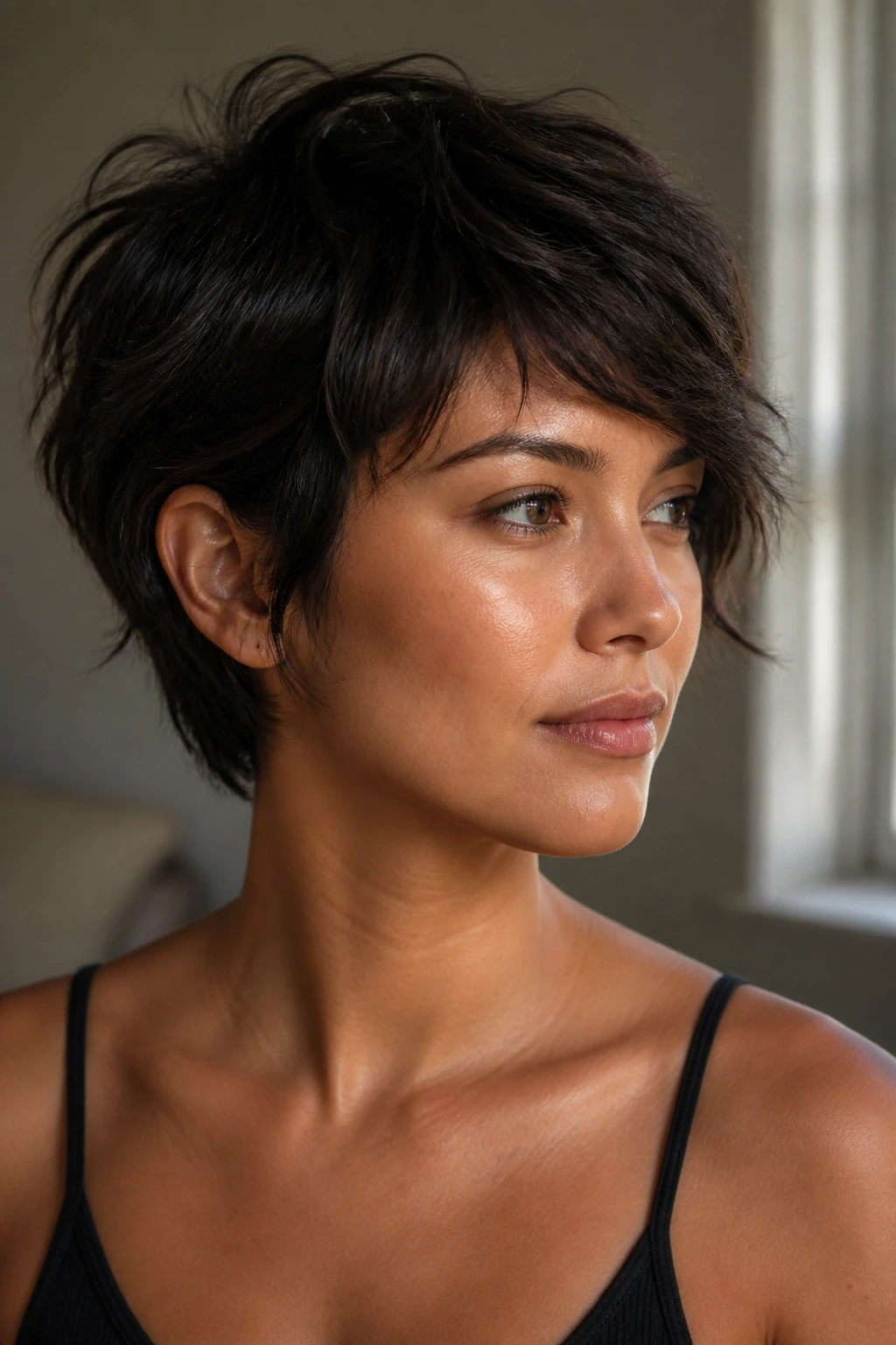 Close-up of a real woman with choppy pixie bob and piecey texture in deep brunette