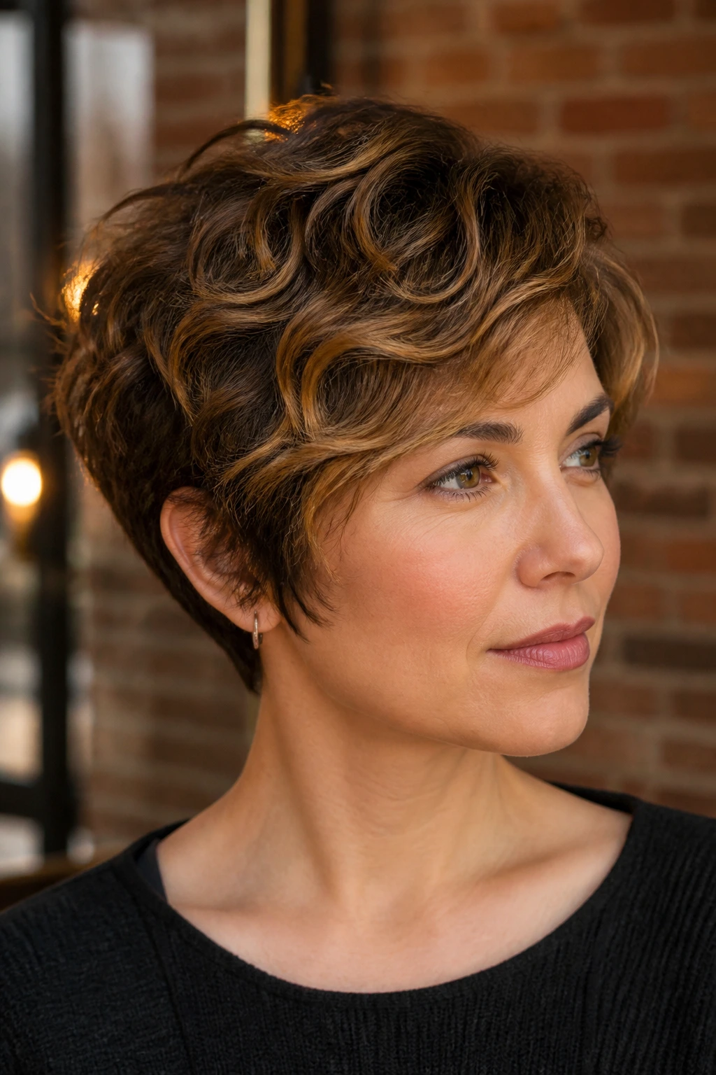 Close-up of layered pixie-bob with warm caramel detail