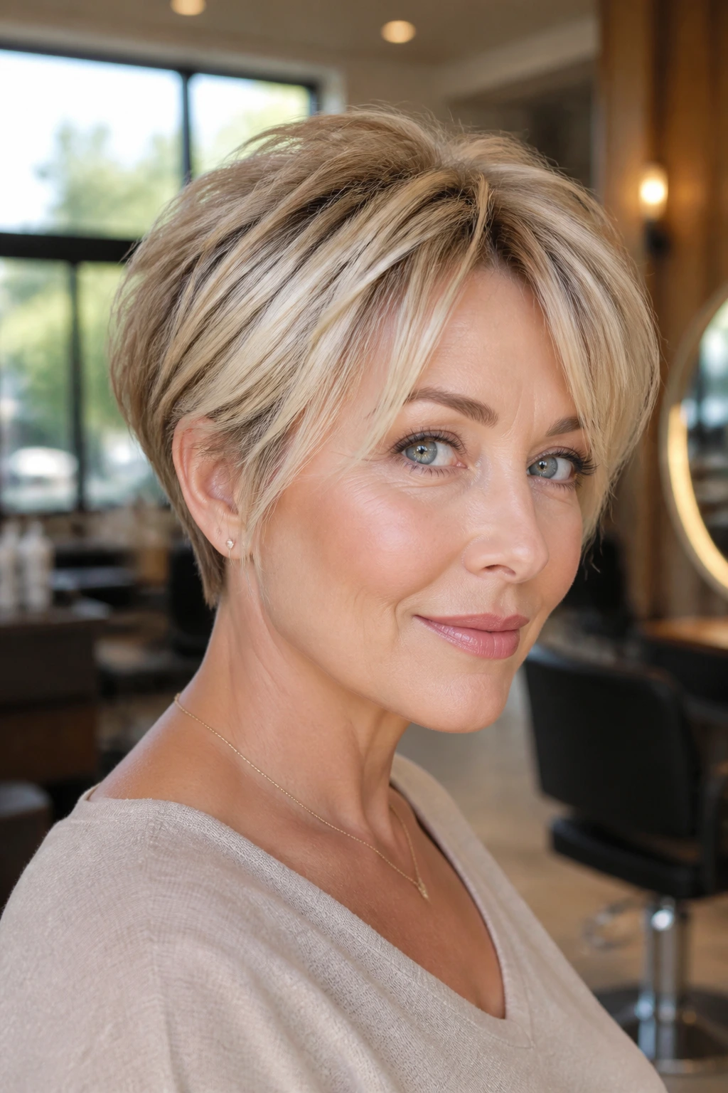 Close-up of a real woman with cream-highlight pixie bob in natural light