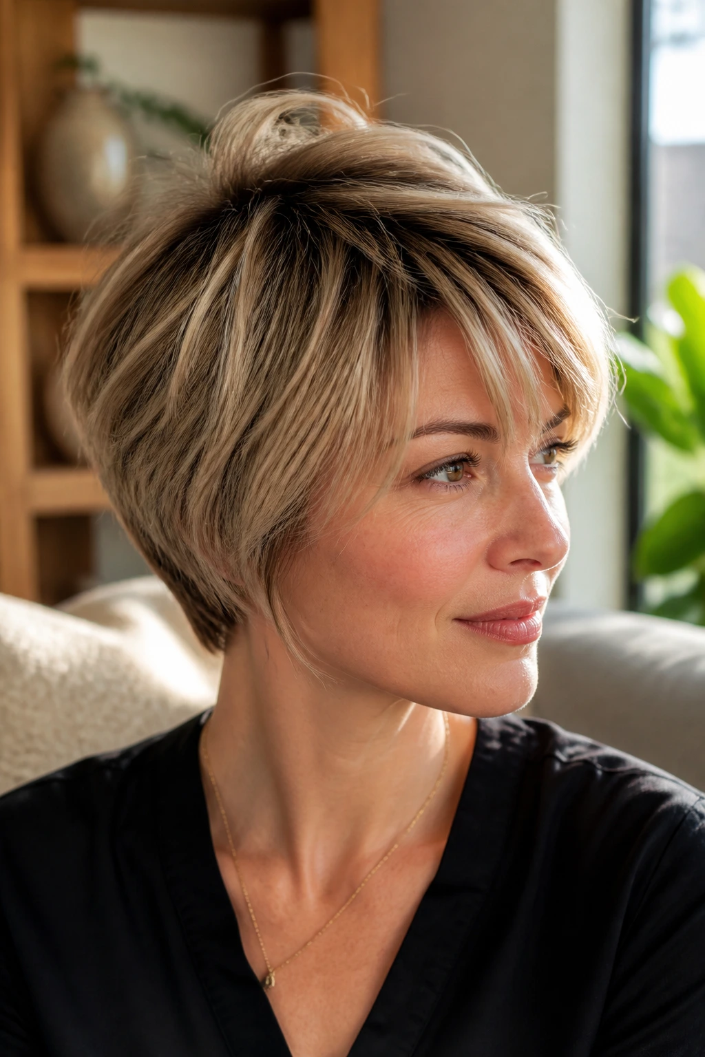 Close-up of a real woman with a pixie bob and crown lift hairstyle