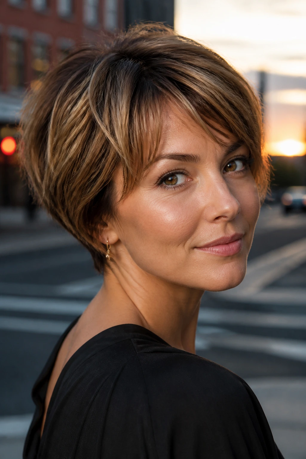 Close-up of a real woman with layered pixie bob and caramel crown lights