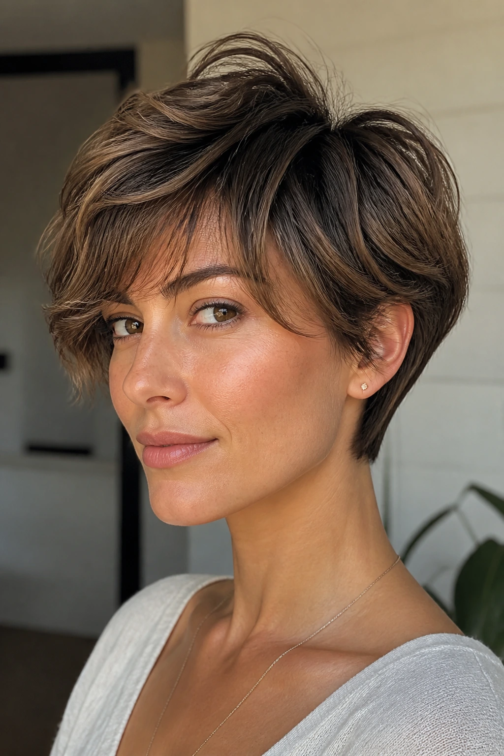 Portrait of a real woman with a crown-volume tousled pixie-bob.
