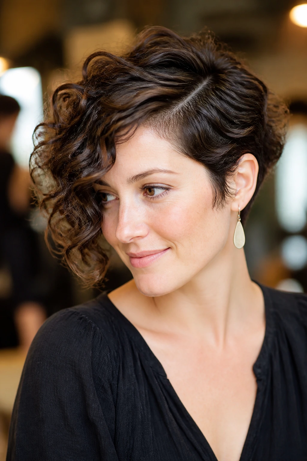 Close-up of a real woman with deep side-part curly pixie bob showing contrast between short and long sides