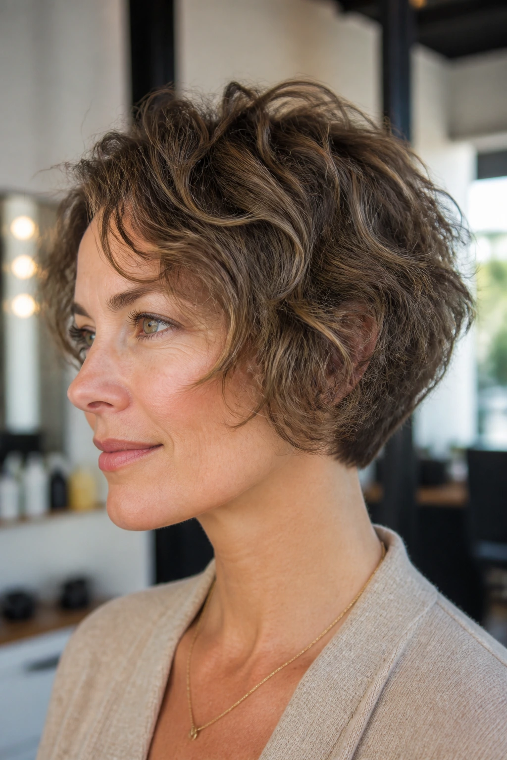 Real woman with grown-out pixie bob in profile showcasing soft bob shape