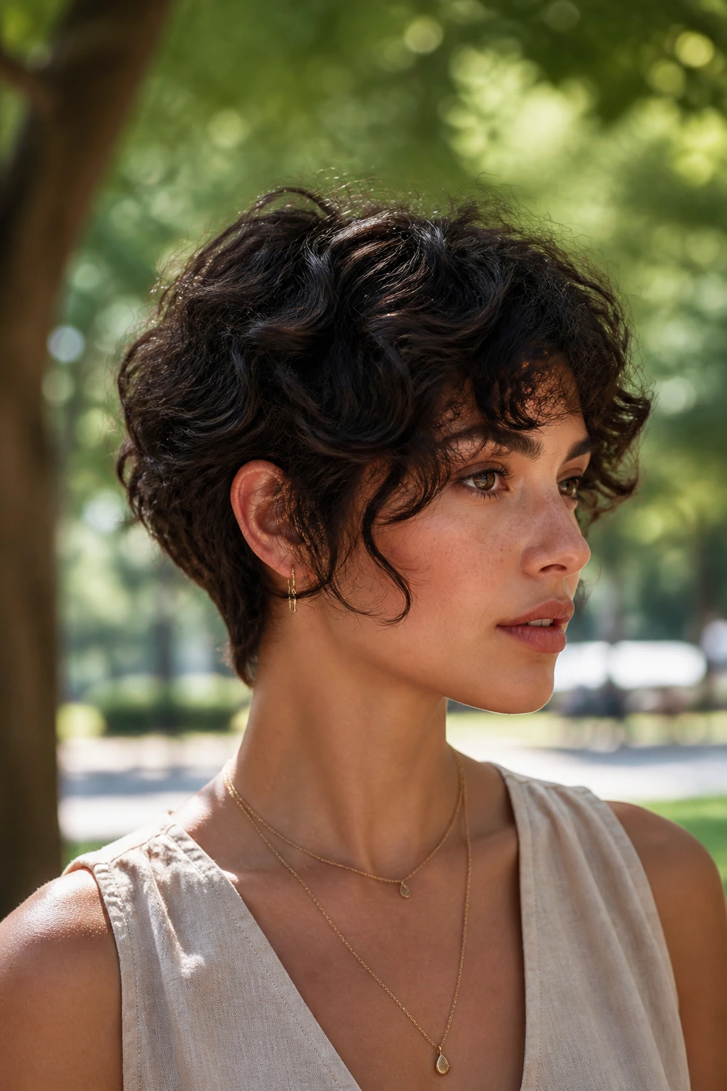 Portrait of a real person with a tousled curly pixie-bob in an outdoor park.