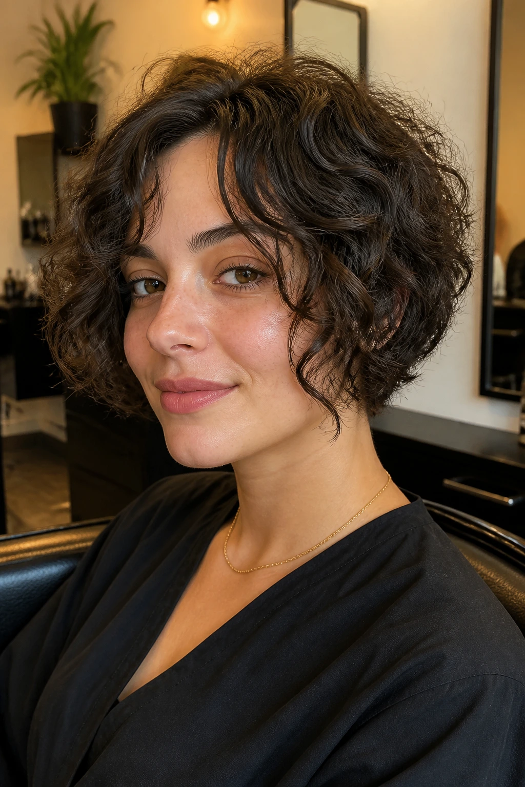 Portrait of a real person with a curly pixie-bob and swingy sides.