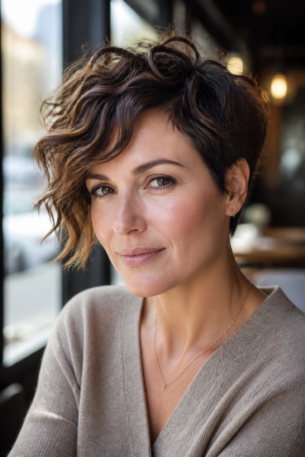 Portrait of a real woman with diagonal fringe in grown-out pixie bob