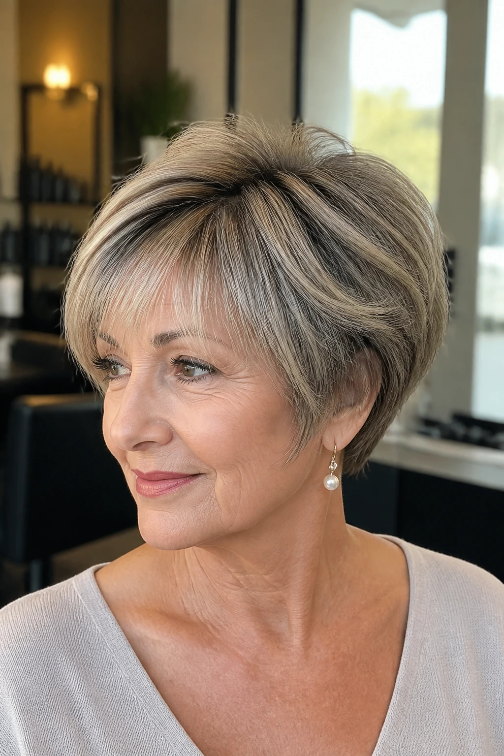 Portrait of a real woman with pixie-bob hybrid and feathered fringe