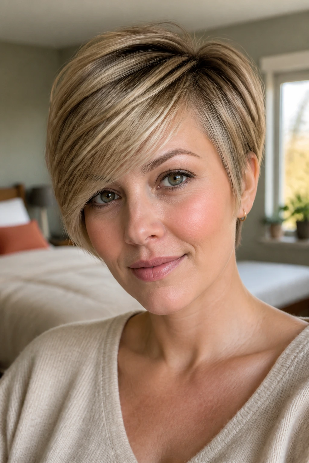 Real woman with soft pixie-bob and long fringe sweep