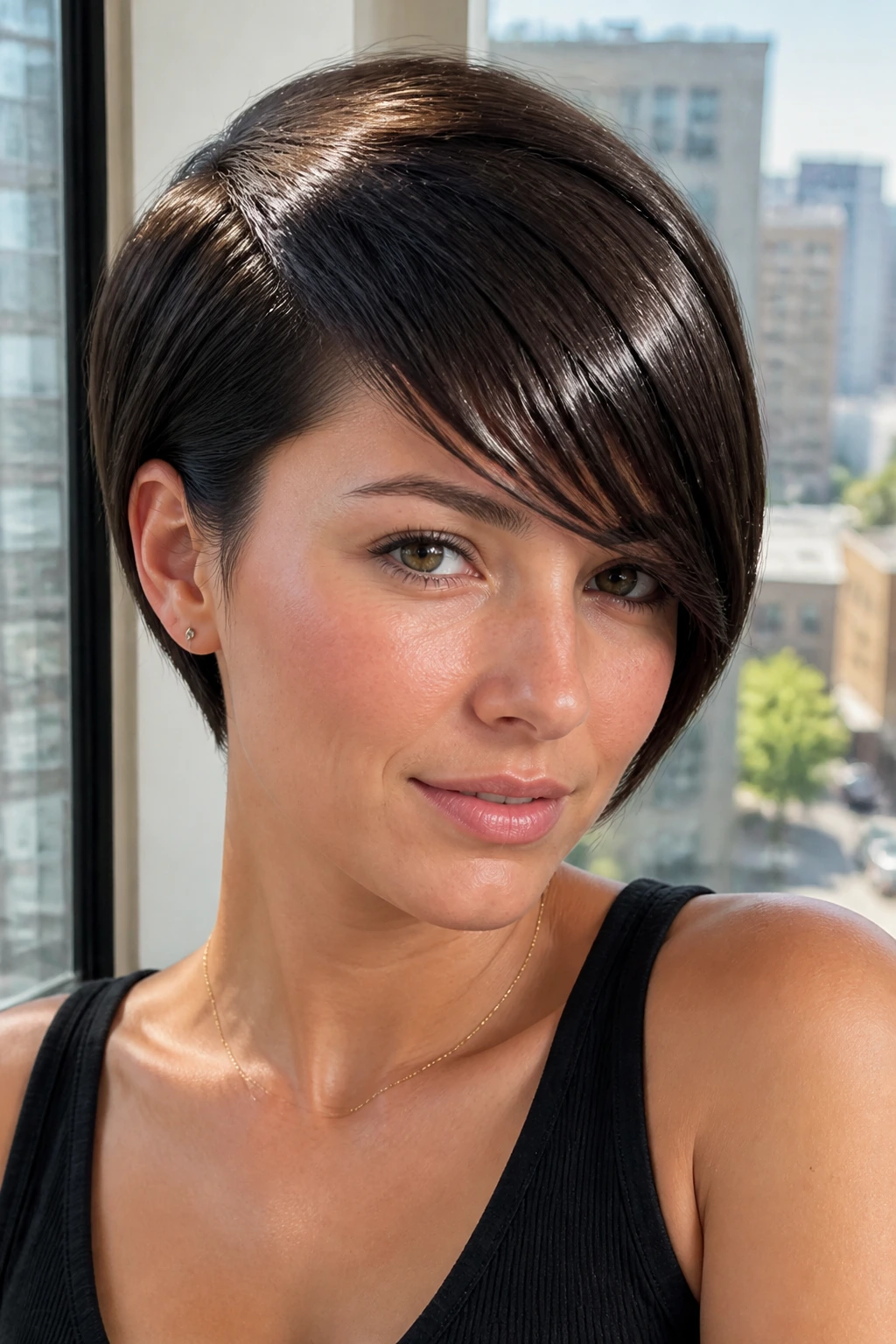 Close-up of a real person with a sleek pixie bob and glossy finish.