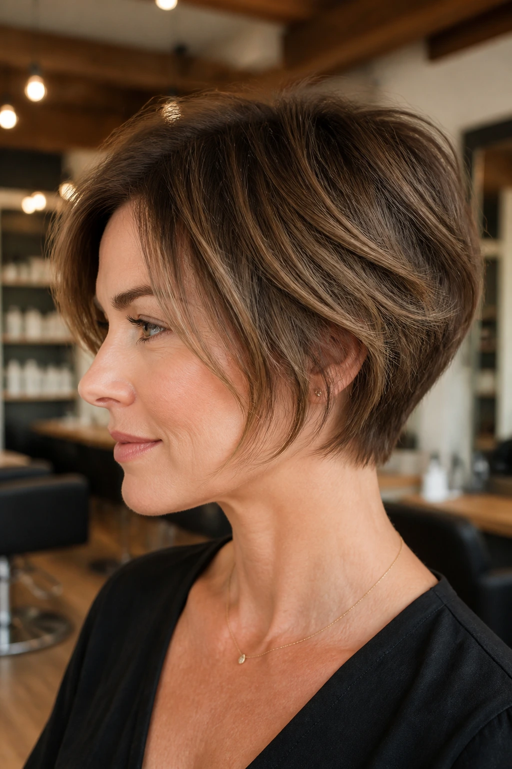 Close-up portrait of a real woman with pixie-bob grow-out haircut showing a neat nape and longer top around the ears.
