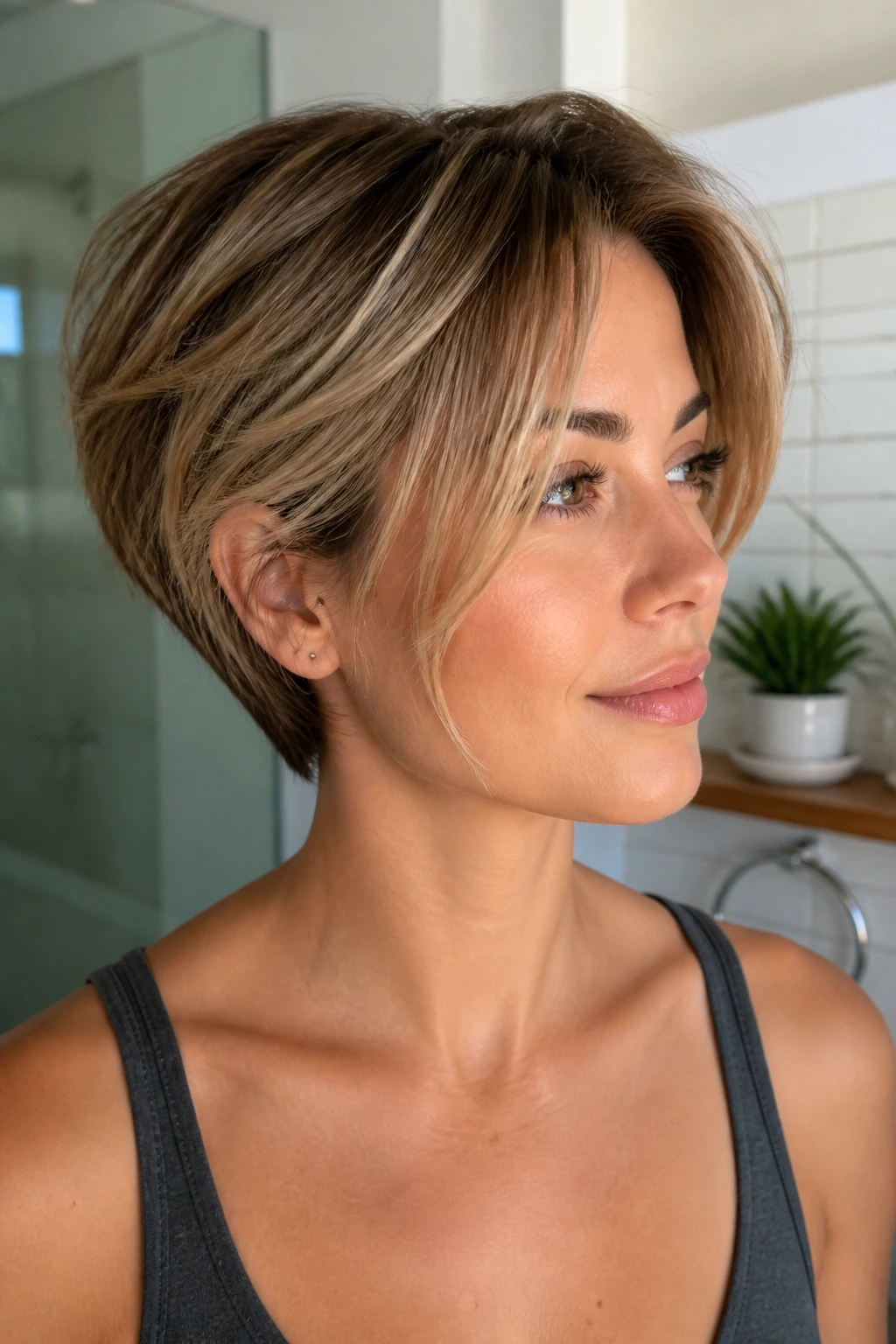 Close-up of a real woman with pixie-bob grow-out and face layers