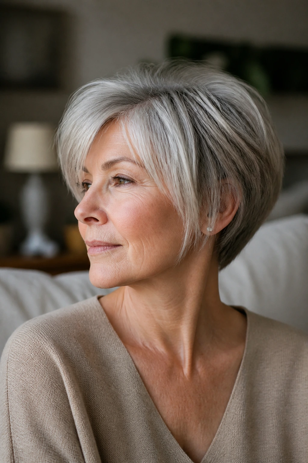 Portrait of a real woman with a grown-out pixie bob showing gentle edges in warm window light