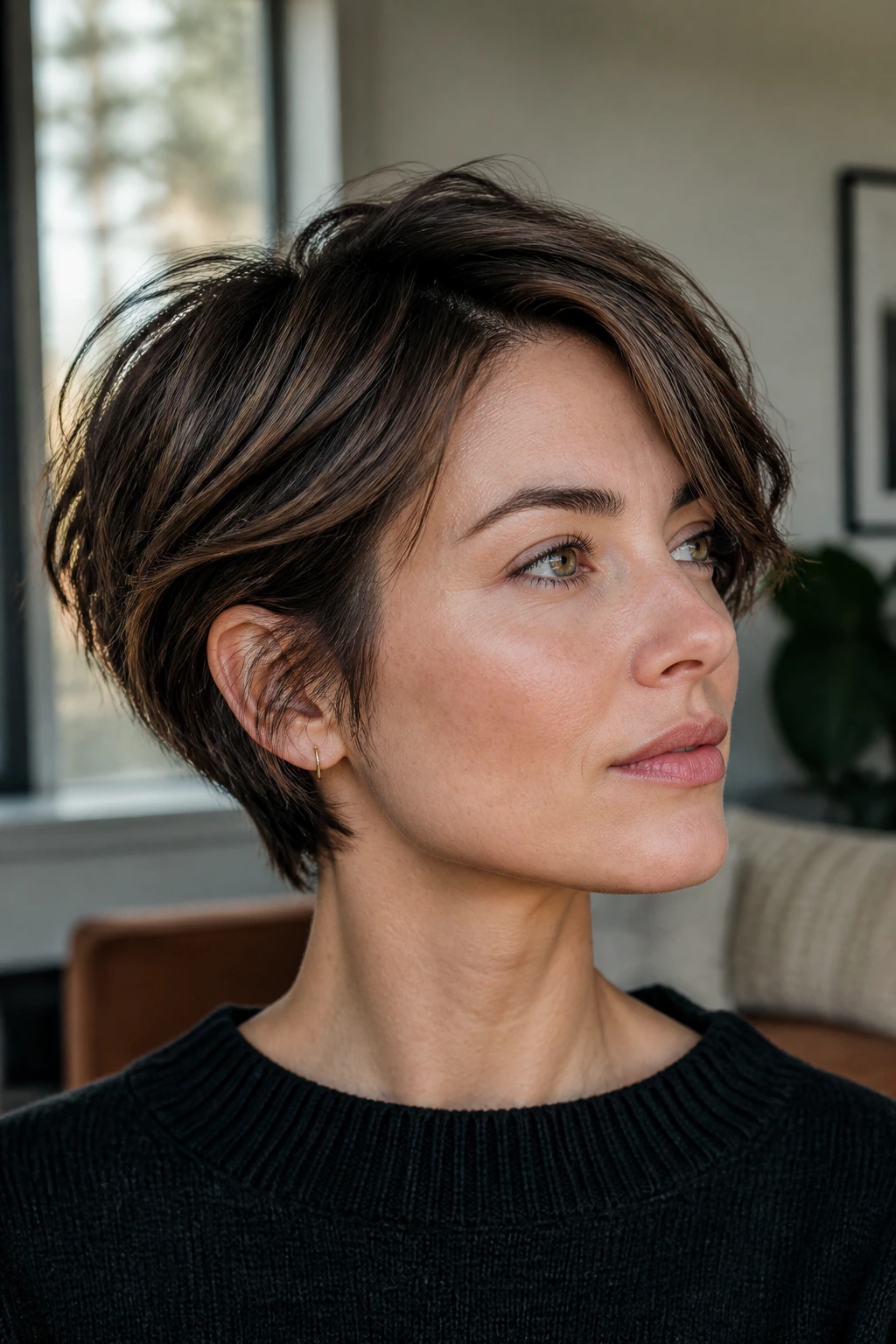 Portrait of a real person with a grown-out pixie bob, longer top and textured crown.