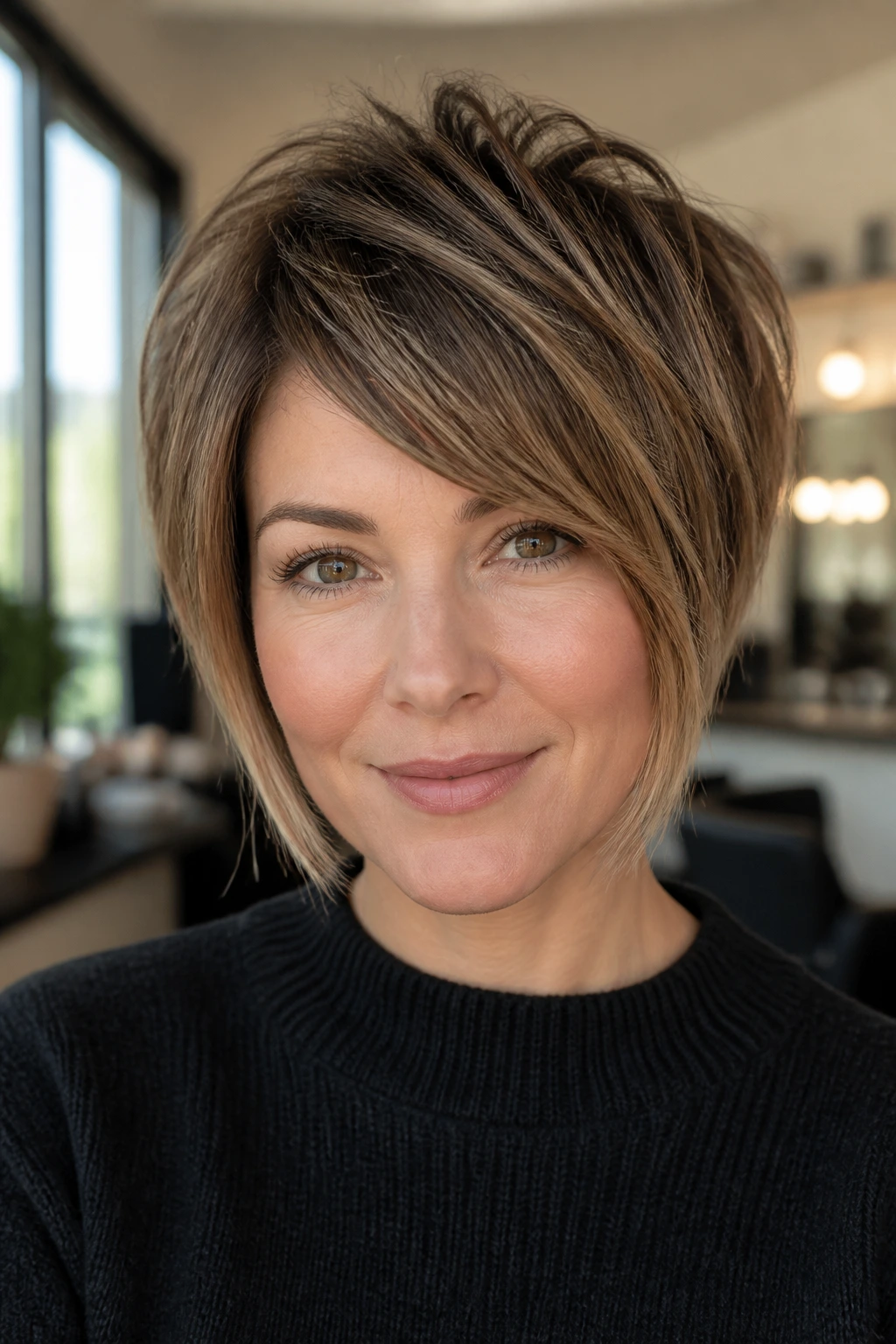 Close-up portrait of a real person with pixie bob featuring longer front corners, in a sunlit salon.