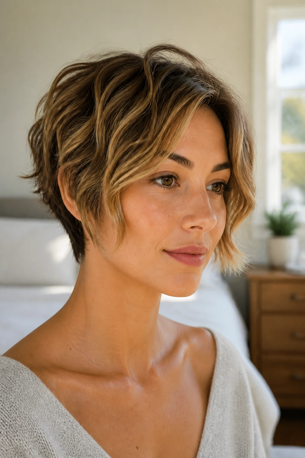 Close-up portrait of a real woman with sculpted pixie-bob hairstyle in soft window light