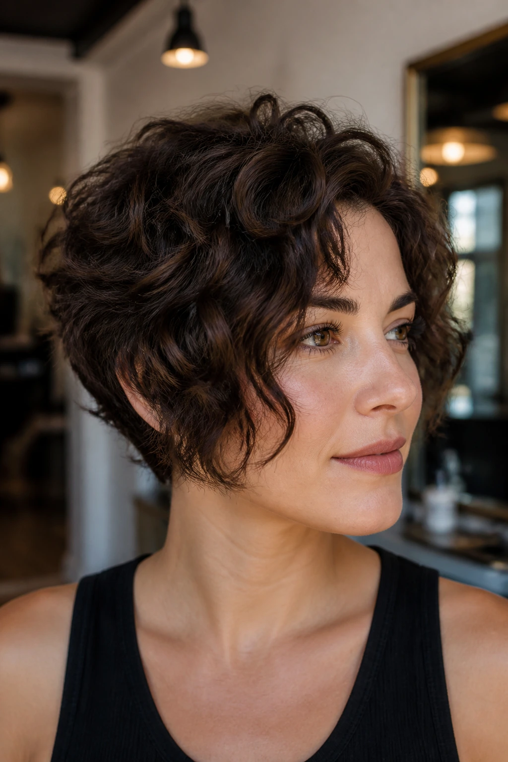 Close-up portrait of a real woman with pixie-bob hybrid hairstyle.