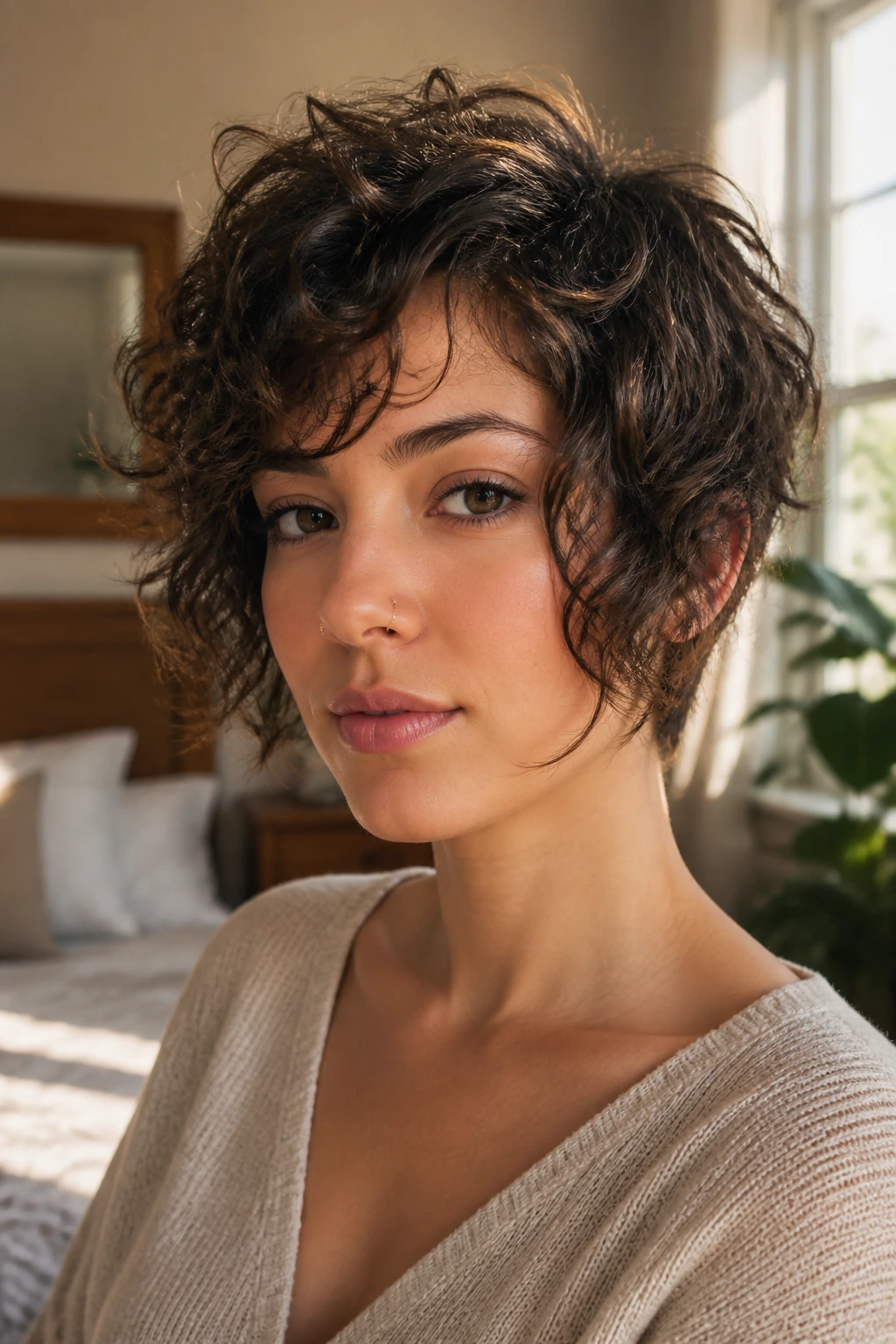 Close-up of a real woman with a Pixie Bob Hybrid with a Soft Jawline in natural light