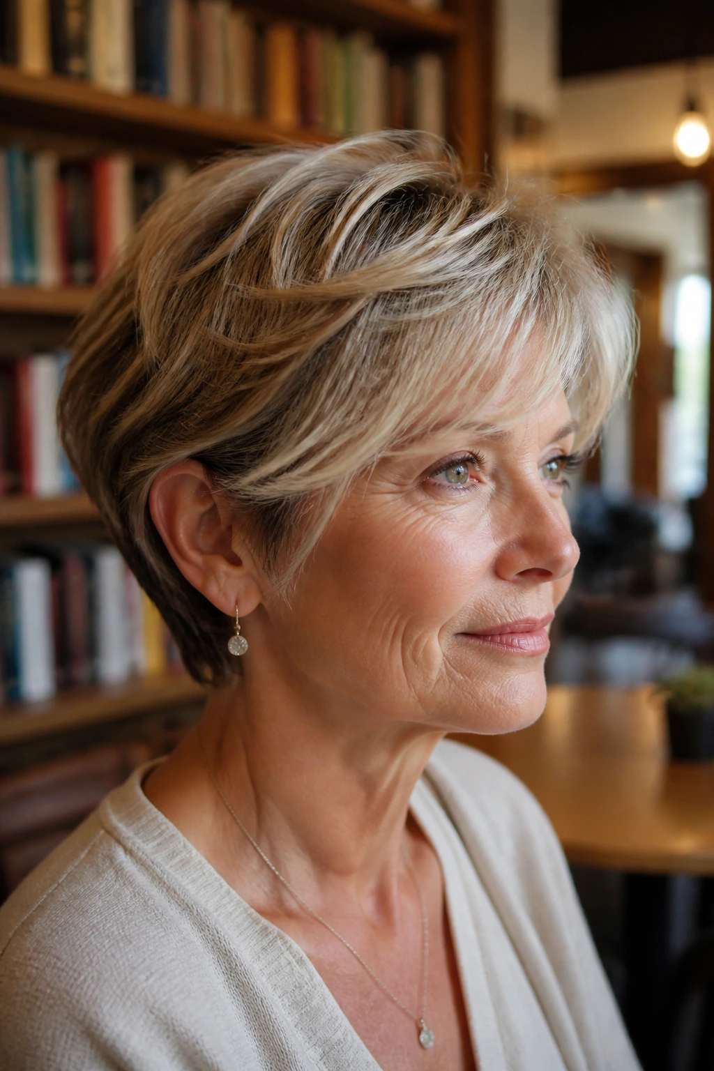 Portrait of a woman with long pixie-bob hybrid hairstyle