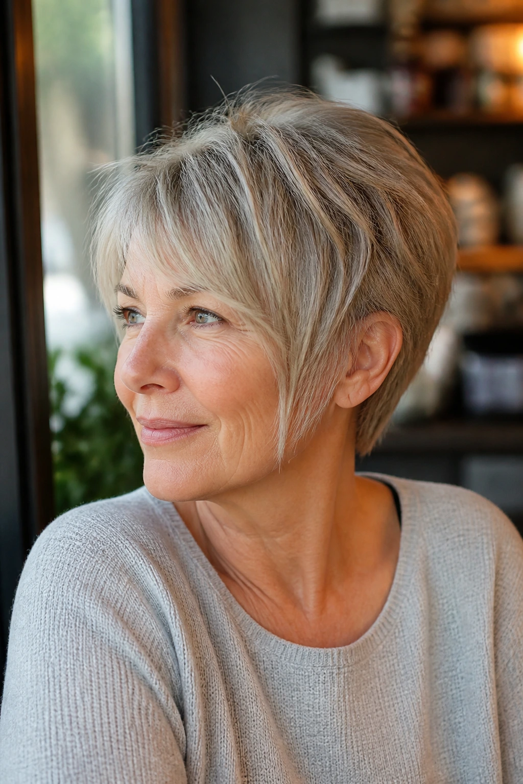 Older woman with pixie-bob hybrid hairstyle in a cafe setting.